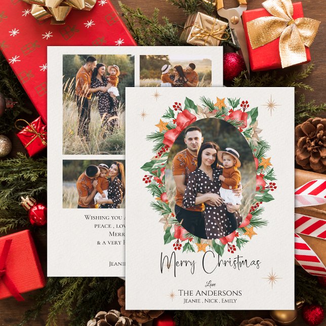 Red Florals Multi Family Photos Merry Christmas Holiday Card (Red Florals Multi Family Photos Merry Christmas Holiday Card)