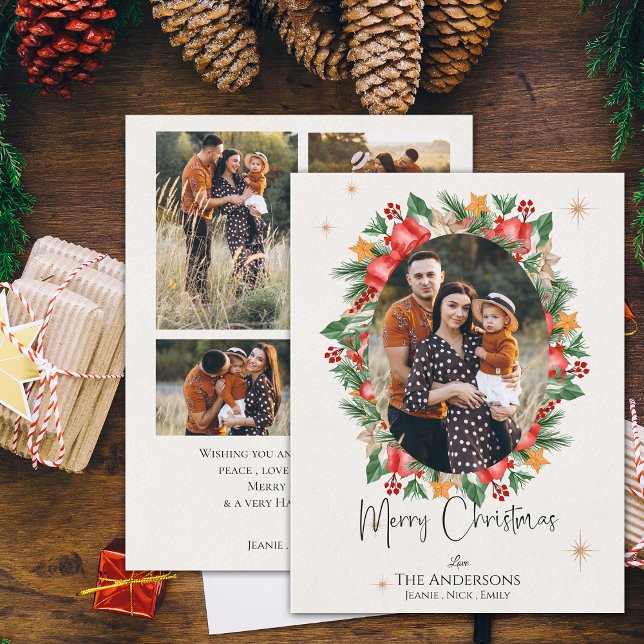 Red Florals Multi Family Photos Merry Christmas Holiday Postcard (Red Florals Multi Family Photos Merry Christmas Holiday Postcard)