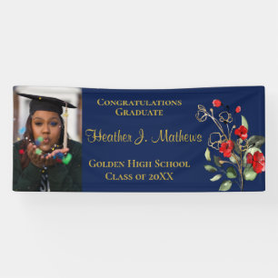 Red Florals Photo Blue and Gold Graduation Banner