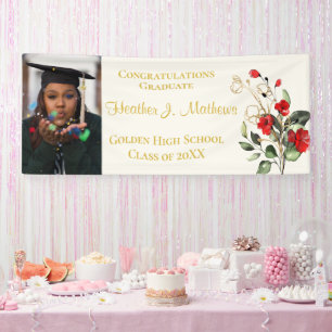 Red Florals Photo Bone White and Gold Graduation Banner