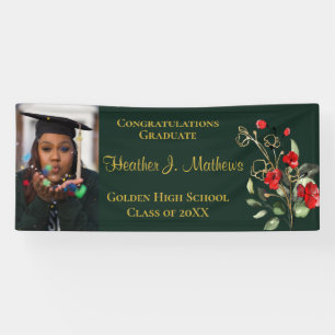 Red Florals Photo Green and Gold Graduation Banner