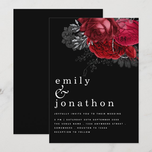 Red Florals Silver Black Wedding Invitation (Front/Back)