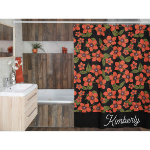 Red florals Watercolor Monogram Shower Curtain