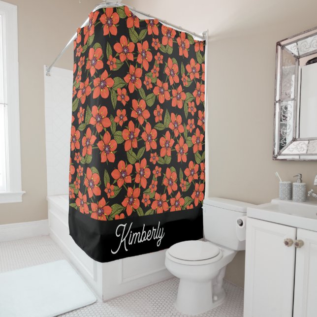 Red florals Watercolor Monogram Shower Curtain (In Situ)
