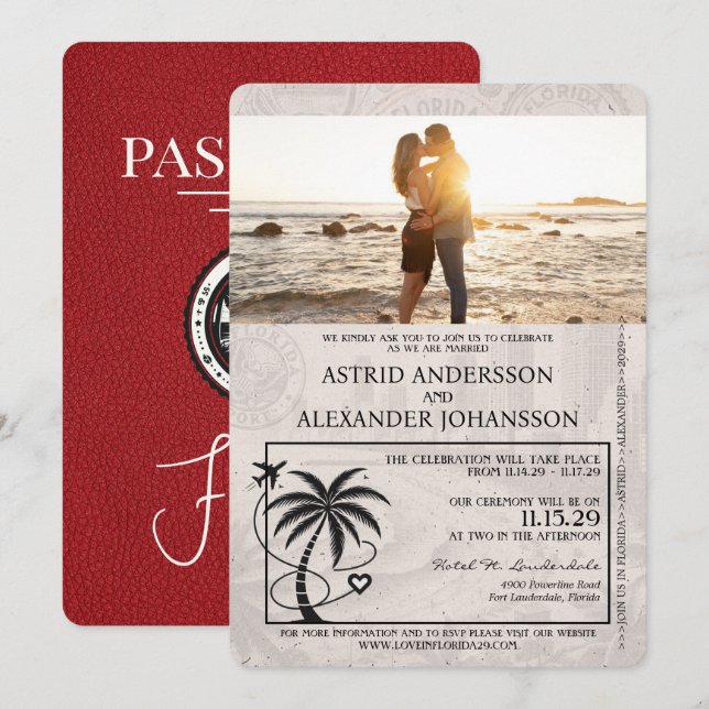 Red Florida Passport Wedding Invitation (Front/Back)