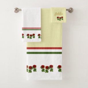 Red flower and green leaves custom name bath towel set