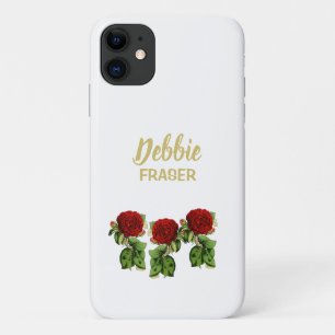 Red flower and green leaves custom name iPhone 11 case