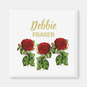 Red flower and green leaves custom name magnet