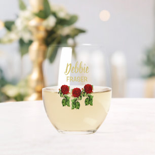 Red flower and green leaves custom name stemless wine glass