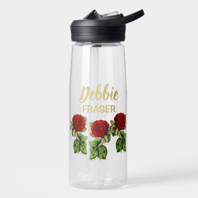 Red flower and green leaves custom name water bottle (Left)
