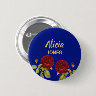 Red flower and leaves blue 6 cm round badge
