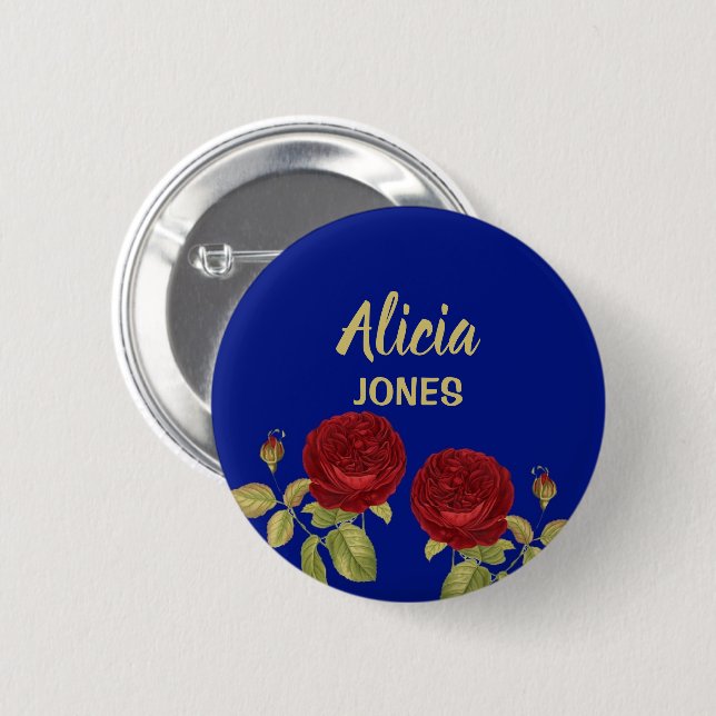 Red flower and leaves blue 6 cm round badge (Front & Back)