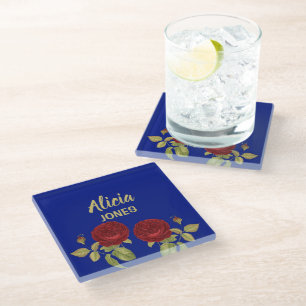 Red flower and leaves blue glass coaster