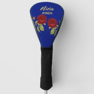 Red flower and leaves blue golf head cover
