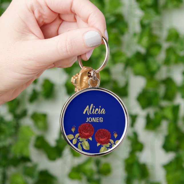 Red flower and leaves blue key ring (Hand)