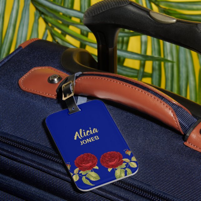 Red flower and leaves blue luggage tag (Front Insitu 1)