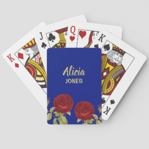 Red flower and leaves blue playing cards