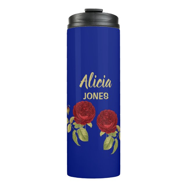 Red flower and leaves blue thermal tumbler (Front)
