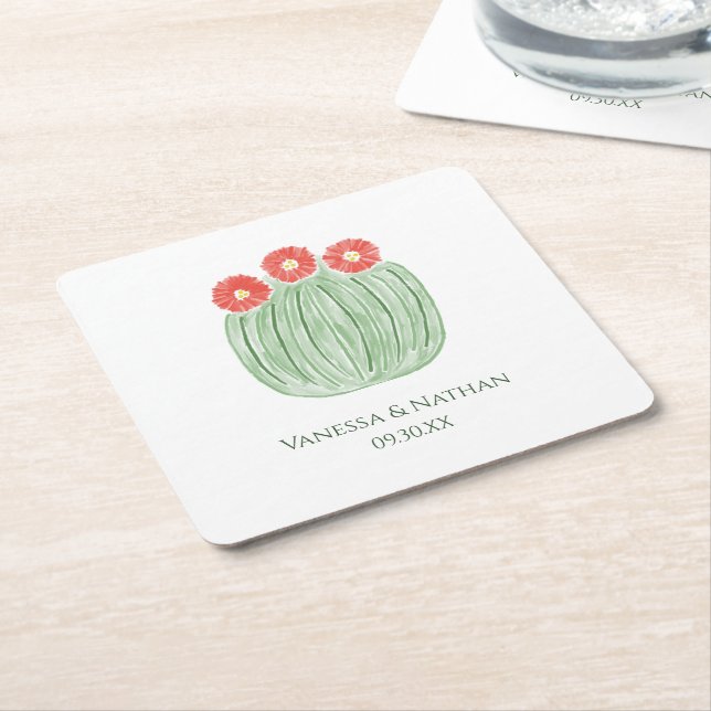 Red Flower Barrel Cactus Wedding Cocktail Hour Square Paper Coaster (Angled)