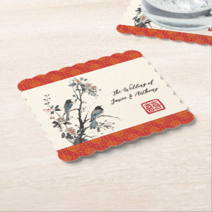 Red flower bird oriental Chinese wedding Paper Coaster