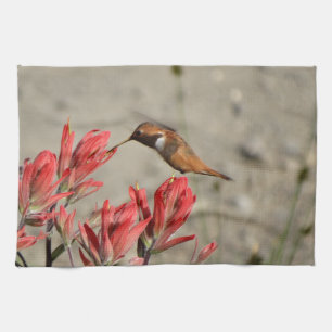 Red flower bird tea towel