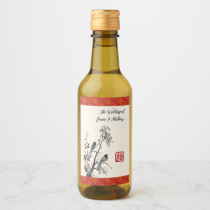 Red flower birds modern Chinese wedding  Wine Label