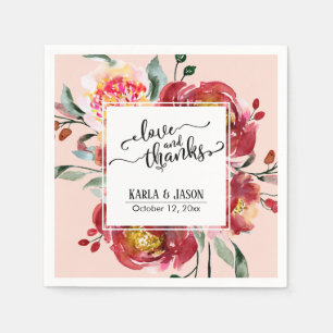 Red Flower Bouquet, Love and Thanks on Blush Napkin