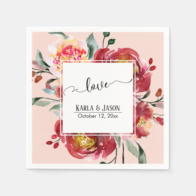 Red Flower Bouquet Love Typography over Blush Napkin (Front)