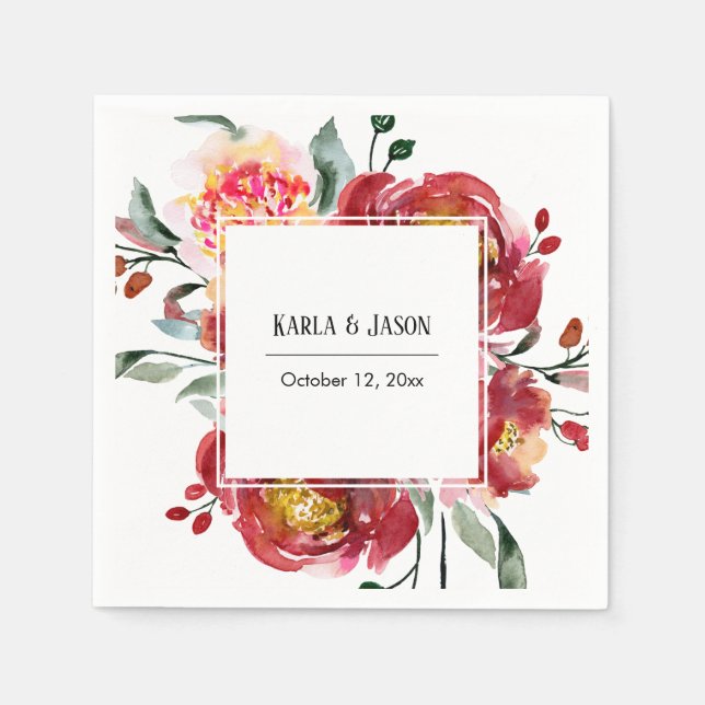 Red Flower Bouquet with Names & Date Napkin (Front)