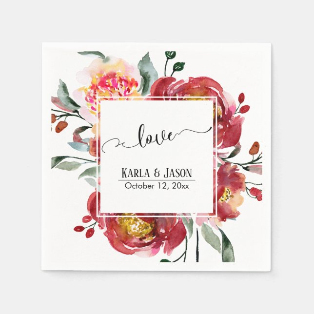 Red Flower Bouquet with Swirling Love Typography Napkin (Front)