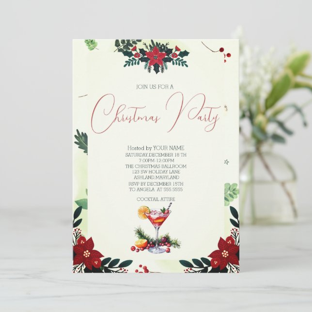 Red Flower Branch Fruit Drinks Christmas Party  Save The Date (Standing Front)