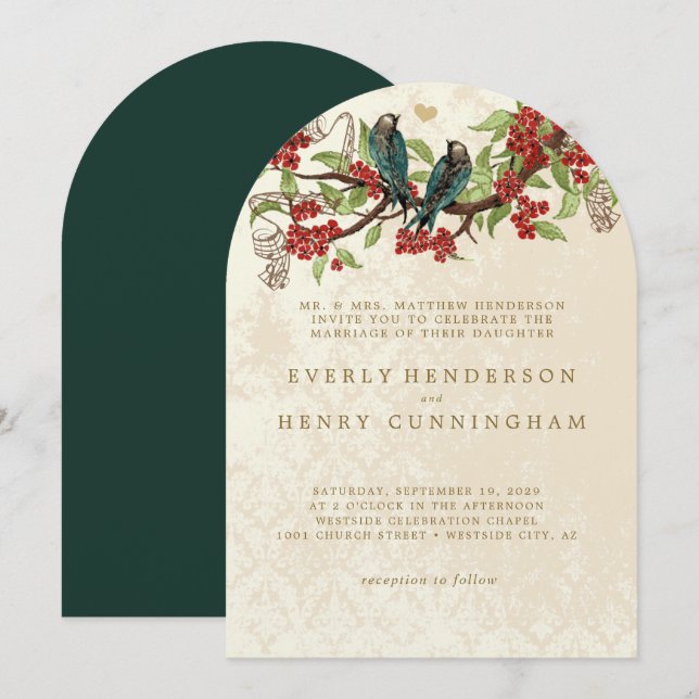 Red Flower Branch Vintage Birds Wedding  Invitation (Front/Back)