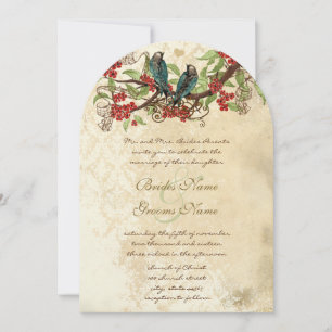 Red Flower Branch Vintage Birds Wedding Invite