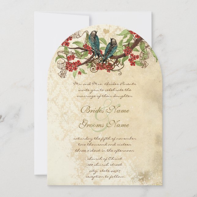 Red Flower Branch Vintage Birds Wedding Invite (Front)