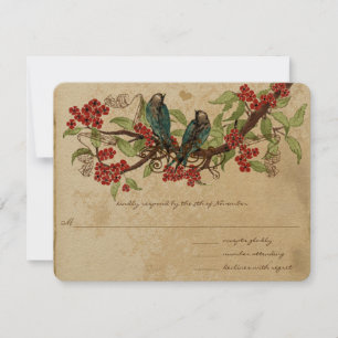Red Flower Branch Vintage Birds Wedding RSVP Card