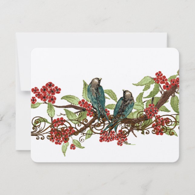Red Flower Branch Vintage Birds Wedding RSVP Card (Front)