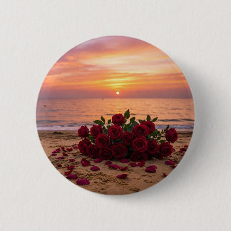 Red flower brooch overlooking a beach 6 cm round badge