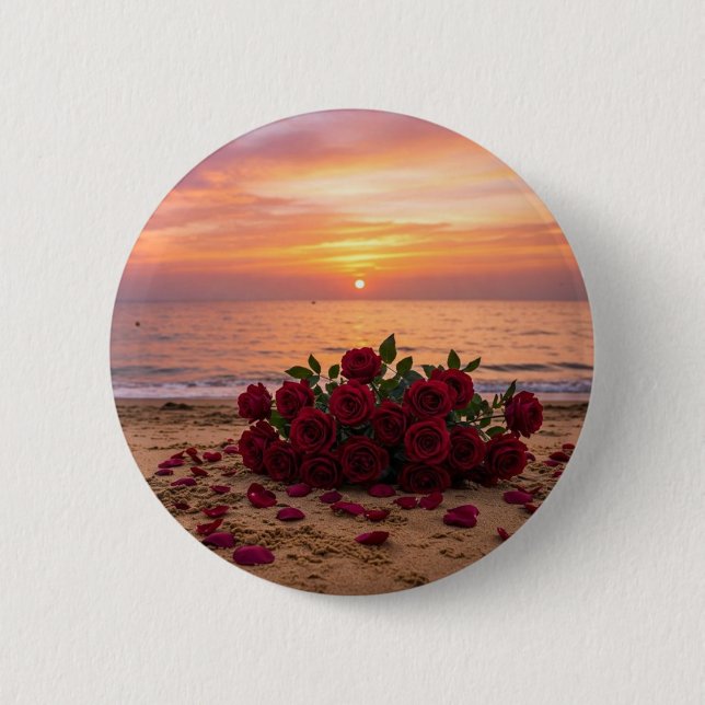Red flower brooch overlooking a beach 6 cm round badge (Front)