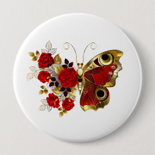 Red flower butterfly with red roses 10 cm round badge