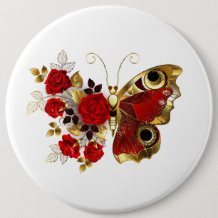Red flower butterfly with red roses 6 cm round badge