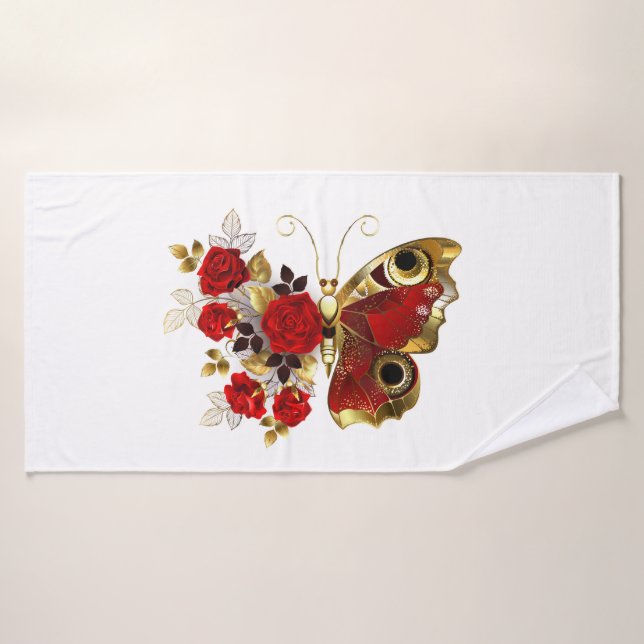 Red flower butterfly with red roses bath towel (Bath Towel)