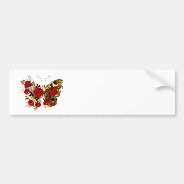 Red flower butterfly with red roses bumper sticker (Front)