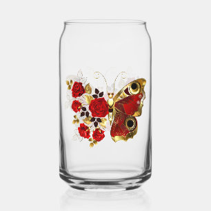 Red flower butterfly with red roses can glass