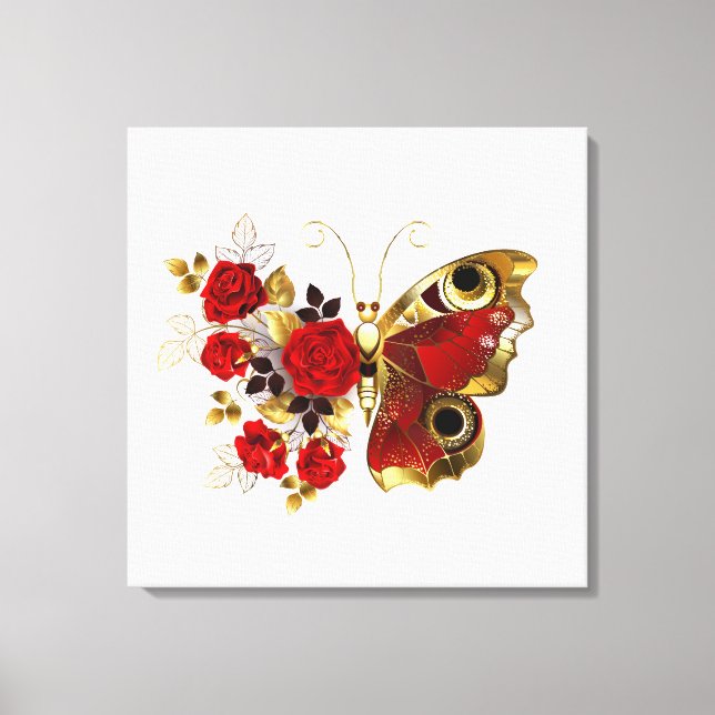 Red flower butterfly with red roses canvas print (Front)