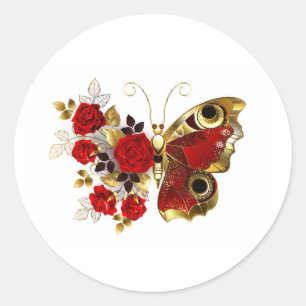 Red flower butterfly with red roses classic round sticker