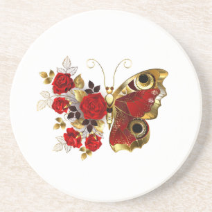 Red flower butterfly with red roses coaster