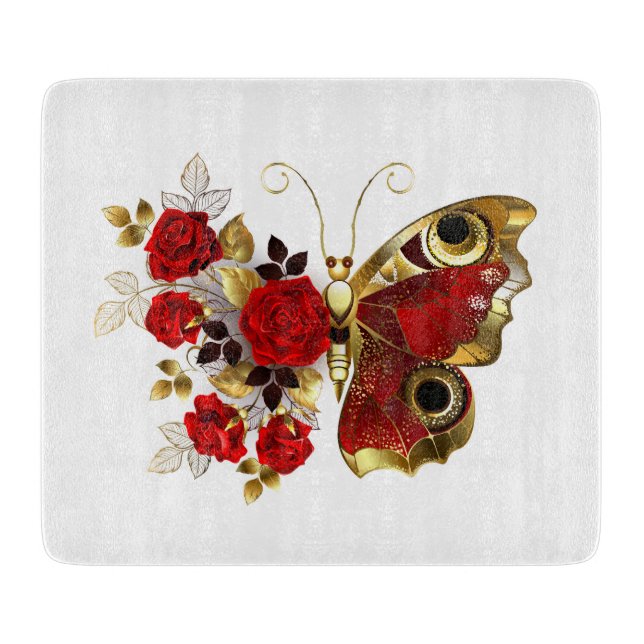 Red flower butterfly with red roses cutting board (Front)