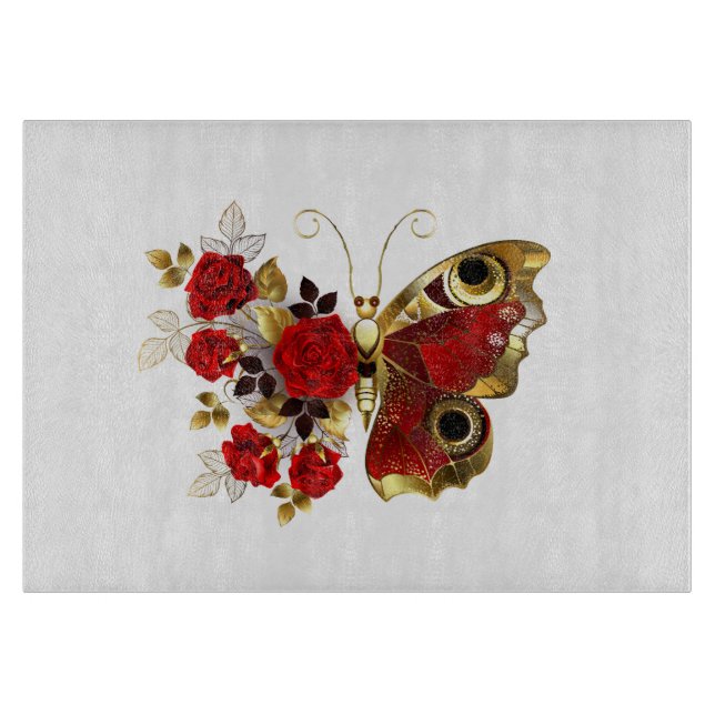 Red flower butterfly with red roses cutting board (Front)
