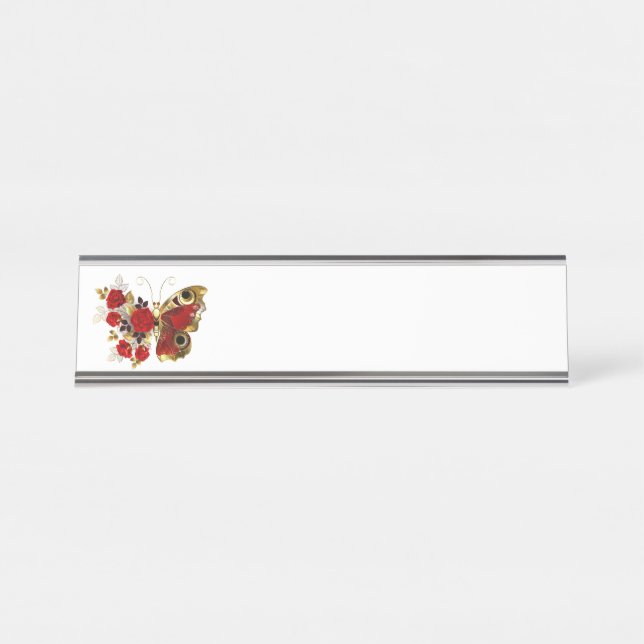 Red flower butterfly with red roses desk name plate (Front)