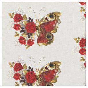 Red flower butterfly with red roses fabric